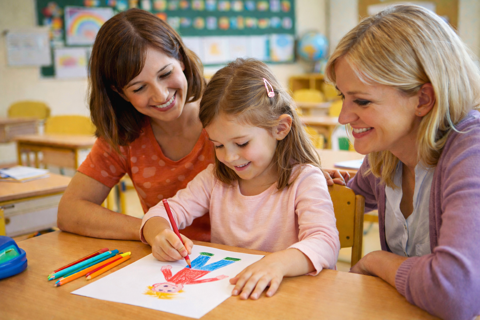 Dívka kreslí ve školní třídě